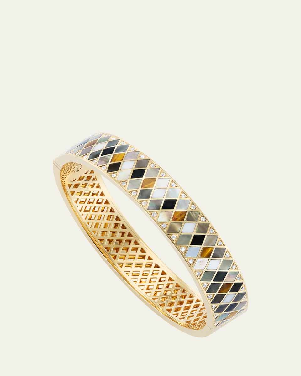 18K Yellow Temple Tile Inlay Bangle Bracelet with Diamonds, MOP and Gemstones